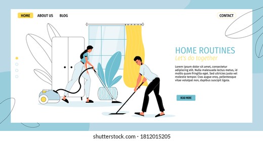 Happy family couple engaged in house cleaning vacuuming washing floor together. Man woman doing housework household duty. Housekeeping, domestic chore. Home routine landing page design template