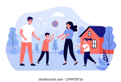 Happy family couple enjoying outdoor activity with kids. Active parents and children playing ball together on backyard of house. For sport, healthy lifestyle, leisure time in summer concepts