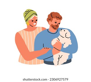 Feliz pareja familiar sosteniendo un cachorro adoptado. Hombre sonriente y mujer con adorable perro adorable en las manos. Esposa, marido y perrito, animal canino. Ilustración vectorial plana aislada en fondo blanco