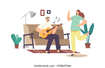 Happy Family Couple Home Party Concept. Man Playing Guitar and Singing Song, Woman Dance. Male and Female Characters Weekend Sparetime, Leisure, Rejoice Together. Cartoon People Vector Illustration