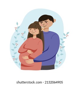 Happy family or couple hugging their baby in the woman's belly. The man carefully embraced the pregnant woman. The concept of pregnancy, motherhood, family. Happy mum. Pregnant belly view.