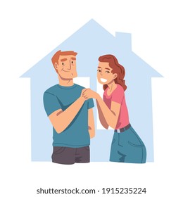 Happy Family Couple Inside Outline House, Abstract Real Estate, Smiling Young Man and Woman Buying or Renting New House Flat Style Vector Illustration