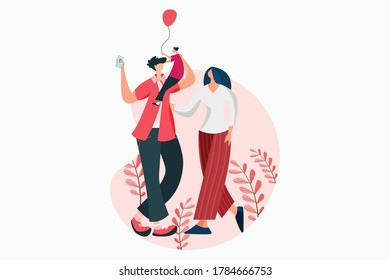 A happy family  couple and kid going foe an week end tour within nature . A cute family on tour within the nature vector art.
