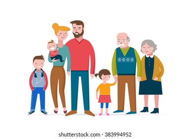 Familia feliz, diversión, pareja con hijos y abuelos