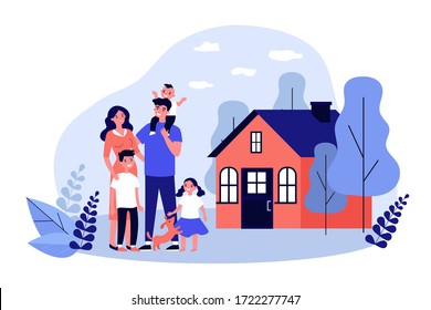 Happy family couple with kids and pet standing together outside, in front of their house. Vector illustration for home, real estate, residential area concept
