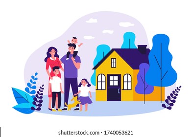 Happy family couple with kids and pet standing together outside, in front of their house. Vector illustration for home, real estate, residential area concept