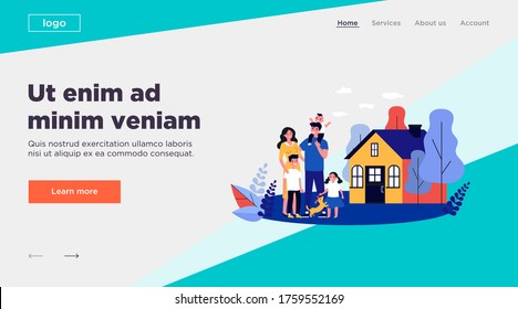 Happy family couple with kids and pet standing together outside, in front of their house. Vector illustration for home, real estate, residential area concept