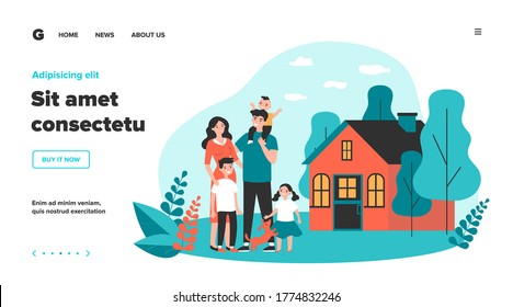 Happy family couple with kids and pet standing together outside, in front of their house. Vector illustration for home, real estate, residential area concept