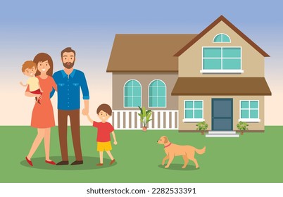 Happy family couple with kids and pet standing together outside, in front of their house. Vector illustration for home, real estate, residential area concept