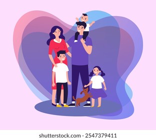 Happy family couple with kids and pet standing together outside. Vector illustration for family, togertherness, parenthood concept