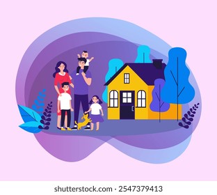 Happy family couple with kids and pet standing together outside, in front of their house. Vector illustration for home, real estate, residential area concept