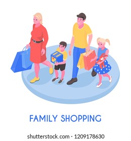 Happy family couple and kids walking with purchases isometric composition on white background vector illustration