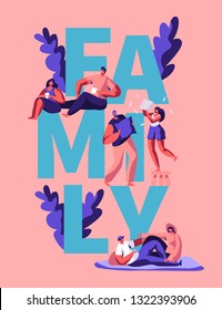 Happy Family Couple Motivation Typography Banner. Man and Woman Character Rest on Greeting Poster. Outdoor Picnic for Vacation. Holiday Together Vertical Leaflet Flat Cartoon Vector Illustration