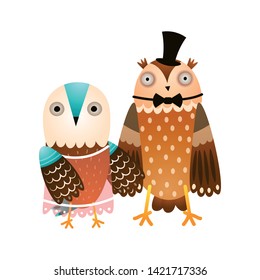 Happy family couple of owl ready for night party