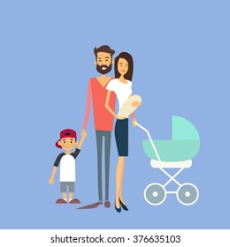 Happy Family, Couple Parents With Two Kids, Newborn Pram Vector Illustration