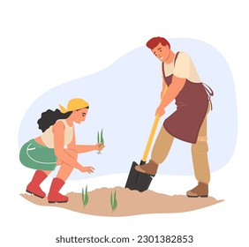 Happy family couple planting tree or flower seedling in soil vector illustration. Volunteering, environment care, green planet or gardening concept