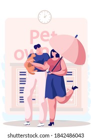 Happy family couple with a red cat is walking with an umbrella cartoon composition vector illustration. Kitten owners resting together outside. Spending time with domestic animals in the street