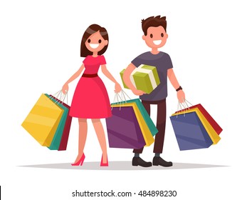 Happy family couple with shopping. Man and woman with bags. Big Sale. Vector illustration of a flat design