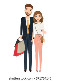 Happy family couple with shopping. Man and woman with bags. vector people design character.