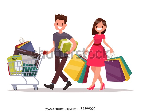 買い物をして幸せな家族夫婦 食料品のかごを持つ男性と荷物を持つ女性 フラットデザインのベクターイラスト のベクター画像素材 ロイヤリティフリー
