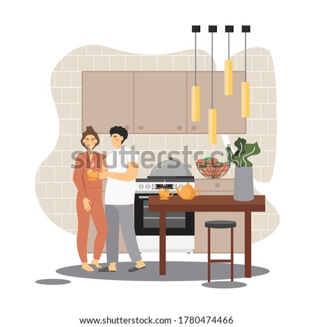Happy family couple standing in kitchen, vector flat illustration. Husband taking care of his wife and making some tea for her. Love and caring for family, home comfort.