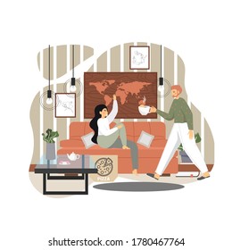 Happy family couple taking rest at home, vector flat illustration. Attentive husband giving cup of tea to her wife sitting on sofa in living room. Positive family relationship concept.