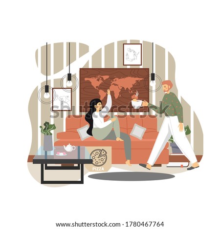 Happy family couple taking rest at home, vector flat illustration. Attentive husband giving cup of tea to her wife sitting on sofa in living room. Positive family relationship concept.