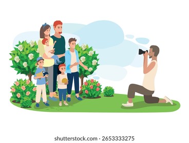 Happy family couple with their children taking a photo in the rose garden. Family day, loving parents, happy childhood. Vector illustration in a simple style.