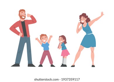 Happy Family Couple and their Kids Celebrating Victory, Expressing Succes or Having Fun, We Did It Concept Cartoon Vector Illustration