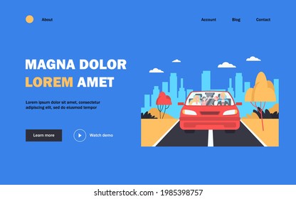 Happy family couple and two kids riding in car. Father driving automobile. Front view. Vector illustration for travel, road trip, transportation concept