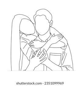 Happy family couple vector Line art drawing isolated on white background.