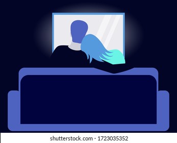 Happy Family Couple Wife And Husband Watching Tv Together On The Sofa Couch, Relaxing Evening In Dark Night Room. Entertainment Service Series And Movies. Flat Vector Illustration.