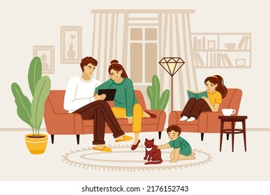 Happy Family At Cozy Home. Parent And Children Sitting On The Couch, Reading Book, Watching Movie, Playing With Cat. Cozy Family Evening In The Living Room. Cartoon Flat Vector Illustration.