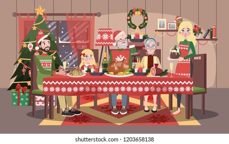 Happy Family In Cozy Sweater Sitting At The Christmas Table. Mother And Father, Child And Grandparents Have Xmas Dinner. Flat Vector Illustration