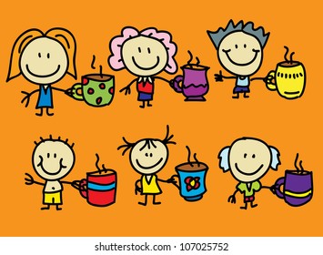 Happy family with cups of tea and coffee