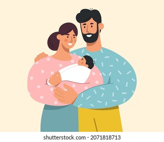 Happy family with cute baby. Young mother and father holding their newborn child in arms. Love and care for loved ones. Flat vector illustration.