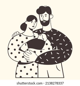 Happy family with cute baby. Young mother and father holding their newborn child in arms. Love and care for loved ones. Flat vector illustration. Sketch style.