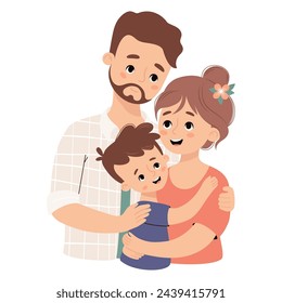 Happy family. Cute bearded man father tenderly hugs his wife and son. Vector illustration.