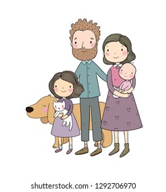 A Happy Family. Cute Cartoon Dad, Mom, Daughter And Baby. Funny Pets Dog And Kitten.