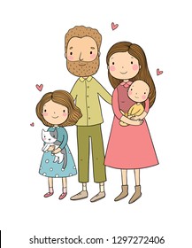 A happy family. Cute cartoon dad, mom, daughter and baby. Parents and children