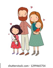 A happy family. Cute cartoon dad, mom, daughter and baby.