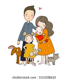 A happy family. Cute cartoon dad, mom, daughter and baby. Funny cat and dog. Pets