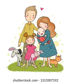 A happy family. Cute cartoon dad, mom, daughter and baby. Funny cat and dog. Pets