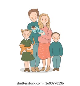 A happy family. Cute cartoon dad, mom, baby, his sister and brother. Cartoon characters are standing together. Vector illustration. Isolated on a white background.