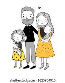 A happy family. Cute cartoon dad, mom, daughter and baby.