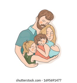 Una familia feliz. Dibujo lindo papá, mamá, bebé, su hermana y hermano. Los personajes de caricaturas están juntos. Ilustración vectorial. Aislado sobre un fondo blanco.