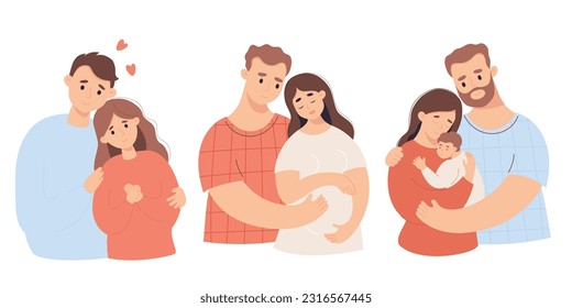 Happy family. Cute couple with pregnant woman and pair with newborn baby on hands. Isolate vector illustrations in cartoon flat style. Period of family life, pregnancy motherhood, parenthood concept.