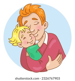 Happy family. Cute father hugging his child. Avatar icon in cartoon style. Isolated on white background. Vector flat illustration