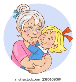 Happy family. Cute grandmother hugging her little granddaughter. Avatar icon in cartoon style. Isolated on white background. Vector flat illustration