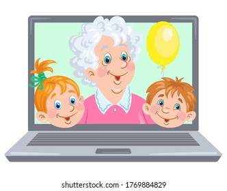 Happy family. Cute grandmother, little girl and boy on a laptop screen. Video chat online. Internet communication. In cartoon style. Vector illustration